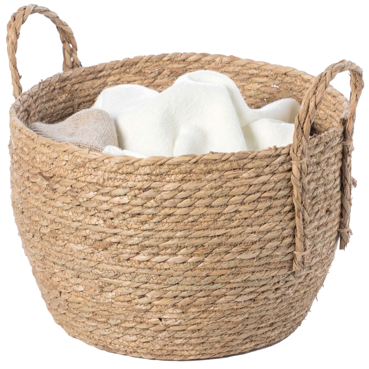 Decorative Round Wicker Woven Rope Storage Blanket Basket with Braided Handles